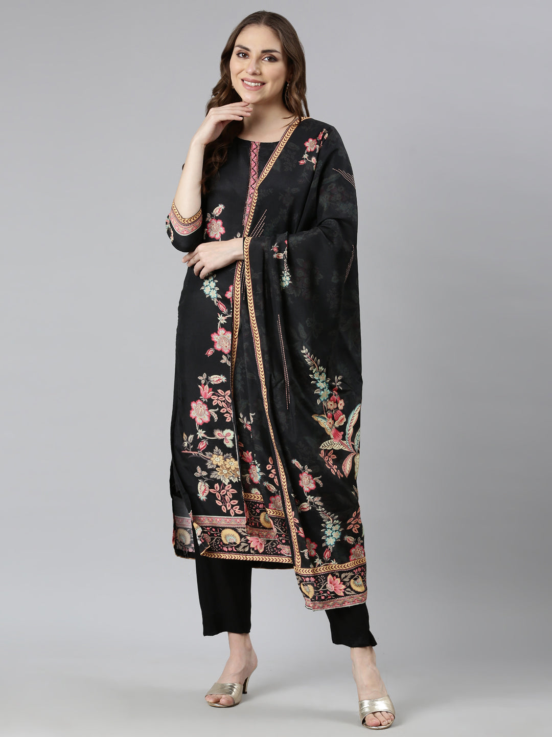 Neerus Black printed floral straight suit set - detail view 1