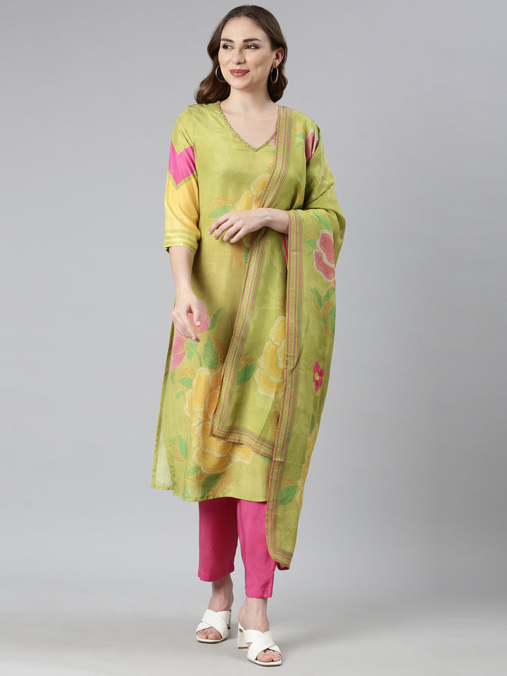 Neerus Green printed floral suit set straight kurta with trouser and dupatta - front view