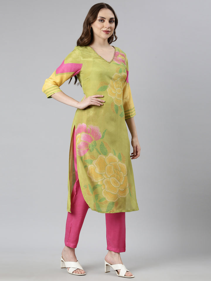 Neerus Green printed floral suit set straight kurta with trouser and dupatta - back view