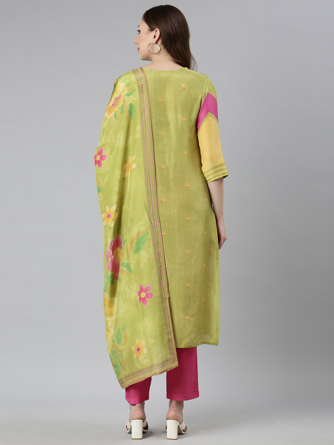 Neerus Green printed floral suit set straight kurta with trouser and dupatta - side view