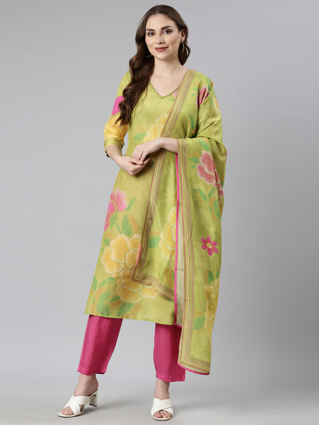 Neerus Green printed floral suit set straight kurta with trouser and dupatta - detail view 1
