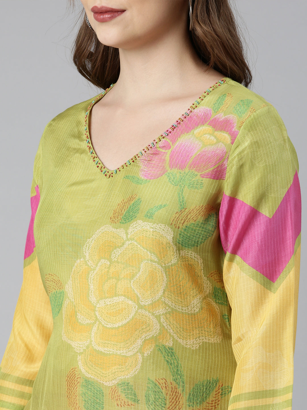 Neerus Green printed floral suit set straight kurta with trouser and dupatta - detail view 4