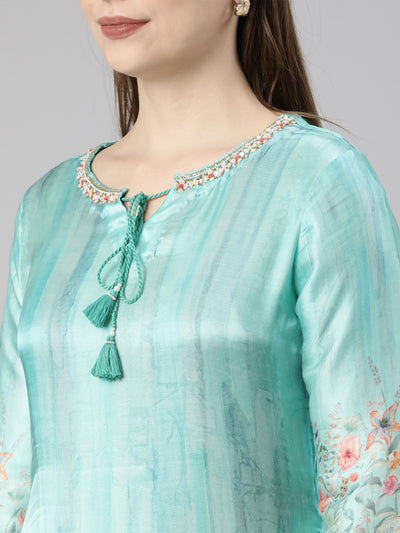 Neerus Sea Green Regular Straight Floral Kurta And  Trousers With Dupatta