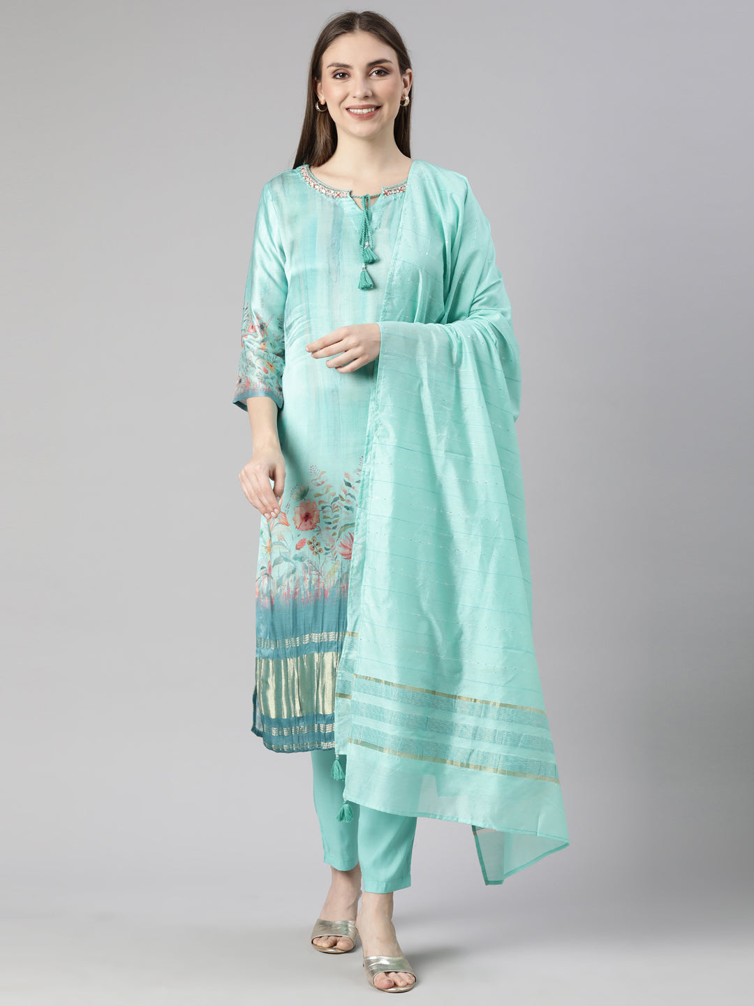 Neerus Sea Green Regular Straight Floral Kurta And  Trousers With Dupatta