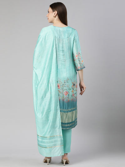 Neerus Sea Green Regular Straight Floral Kurta And  Trousers With Dupatta