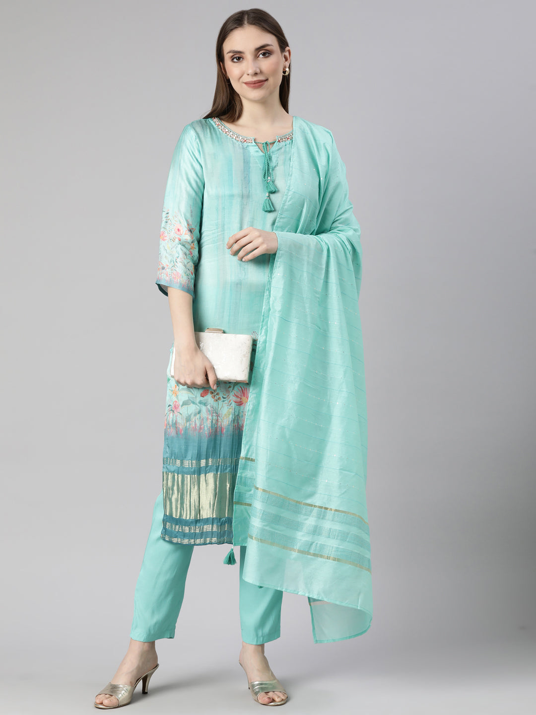 Neerus Sea Green Regular Straight Floral Kurta And  Trousers With Dupatta