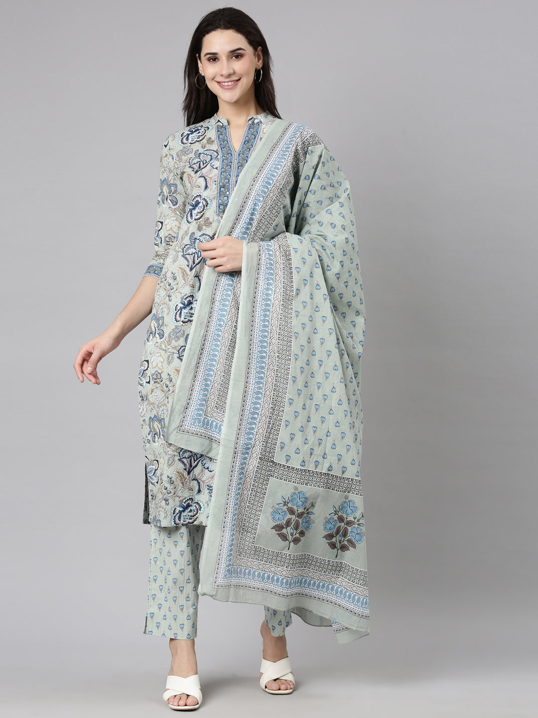 Neerus Green Regular Straight Floral Kurta And  Trousers With Dupatta