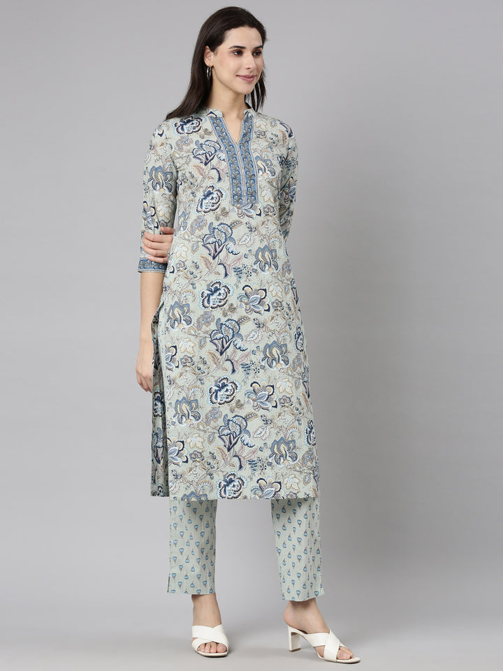 Neerus Green Regular Straight Floral Kurta And  Trousers With Dupatta