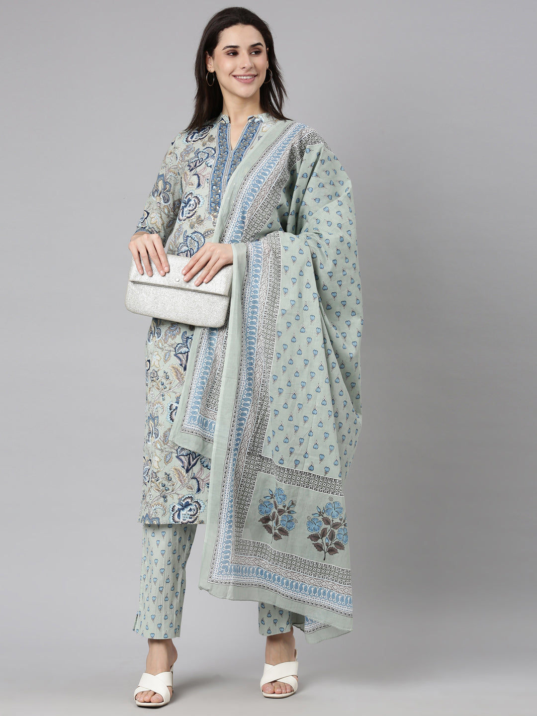 Neerus Green Regular Straight Floral Kurta And  Trousers With Dupatta