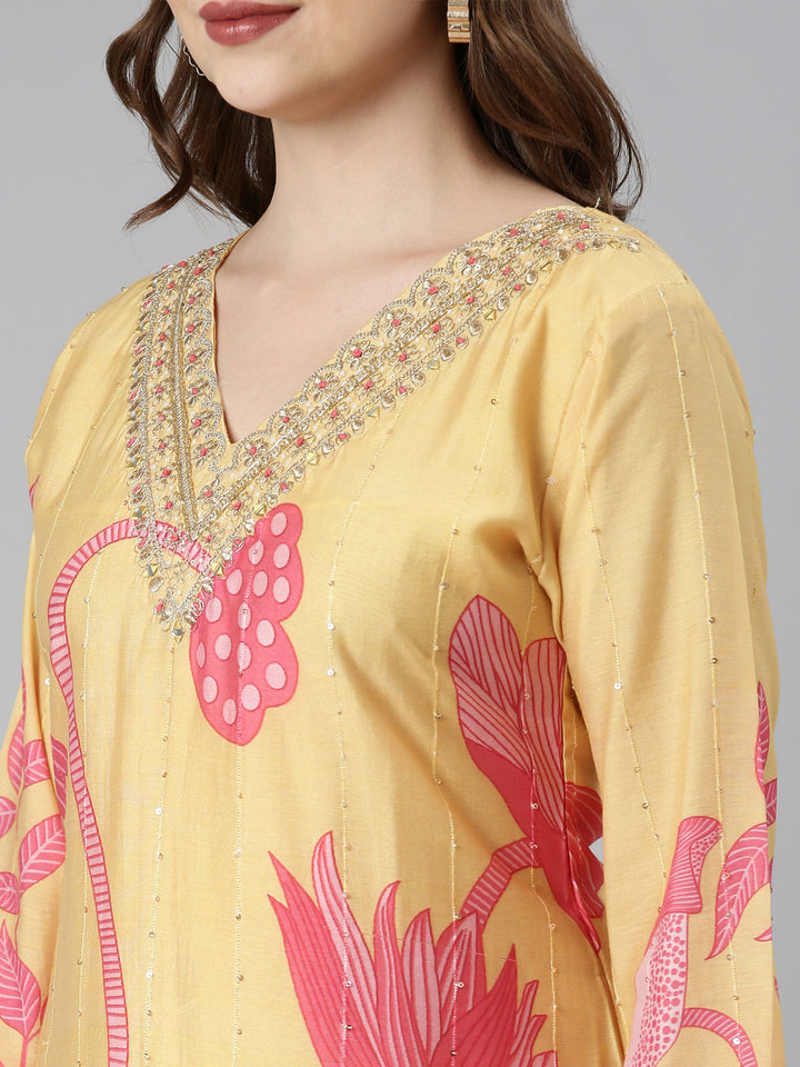 Neerus Yellow Regular Straight Floral Kurta And  Trousers With Dupatta