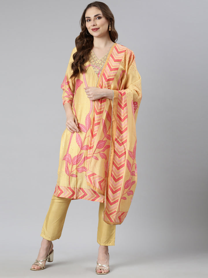 Neerus Yellow Regular Straight Floral Kurta And  Trousers With Dupatta