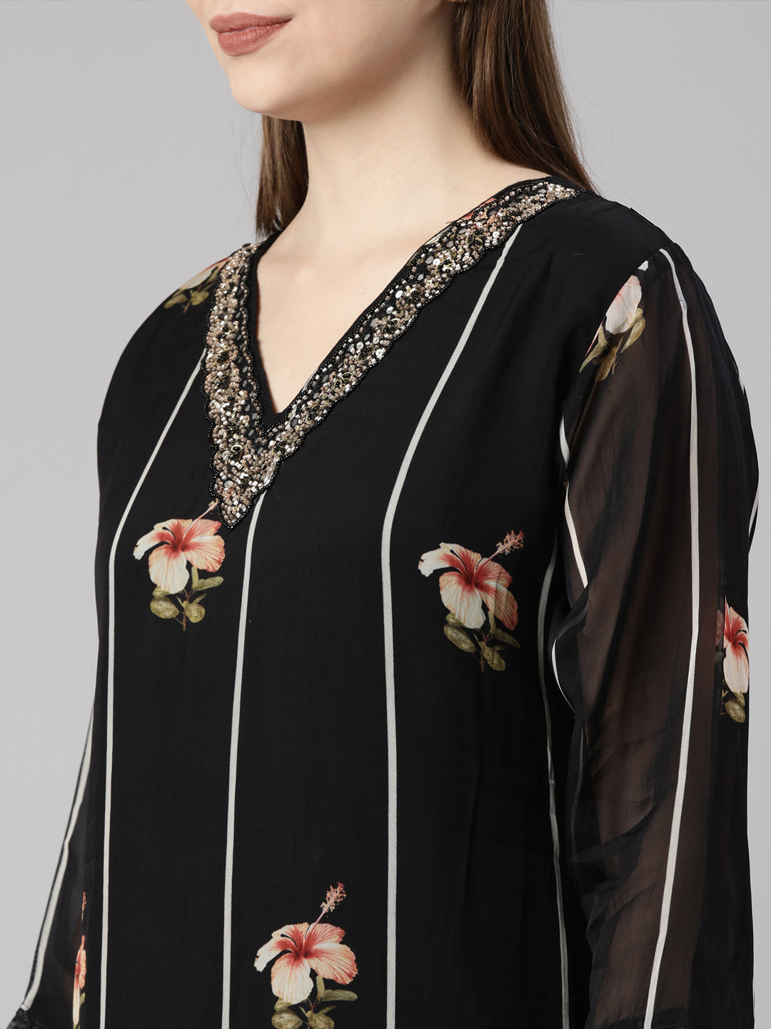 Neerus Black Regular Straight Floral Kurta And  Trousers With Dupatta