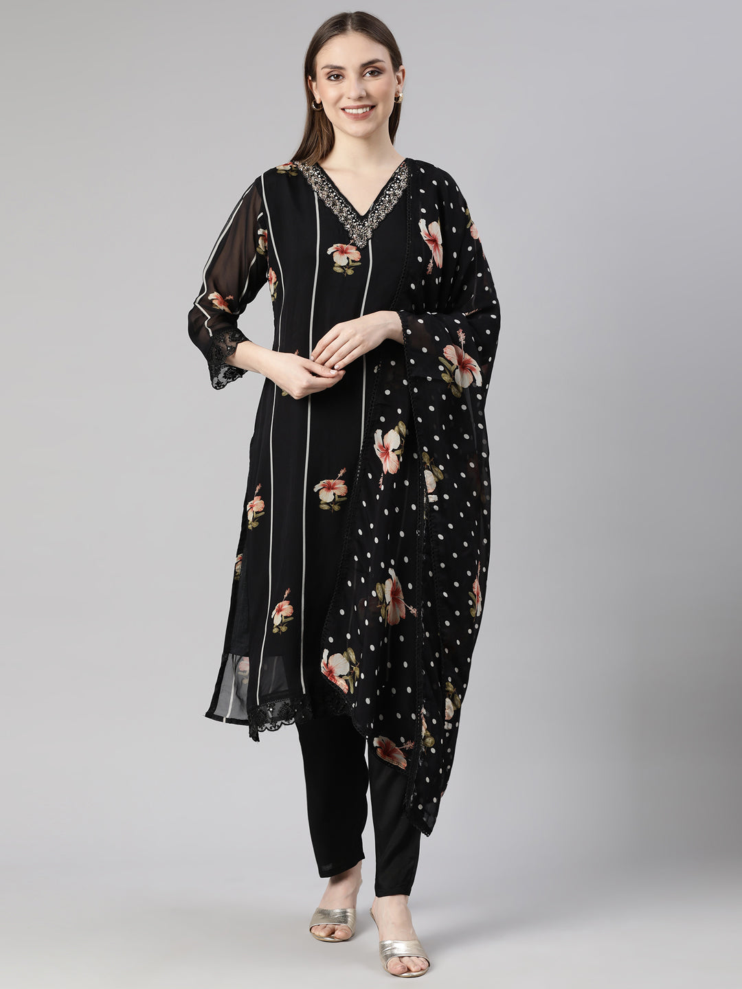 Neerus Black Printed Floral Straight Suit Set - front view