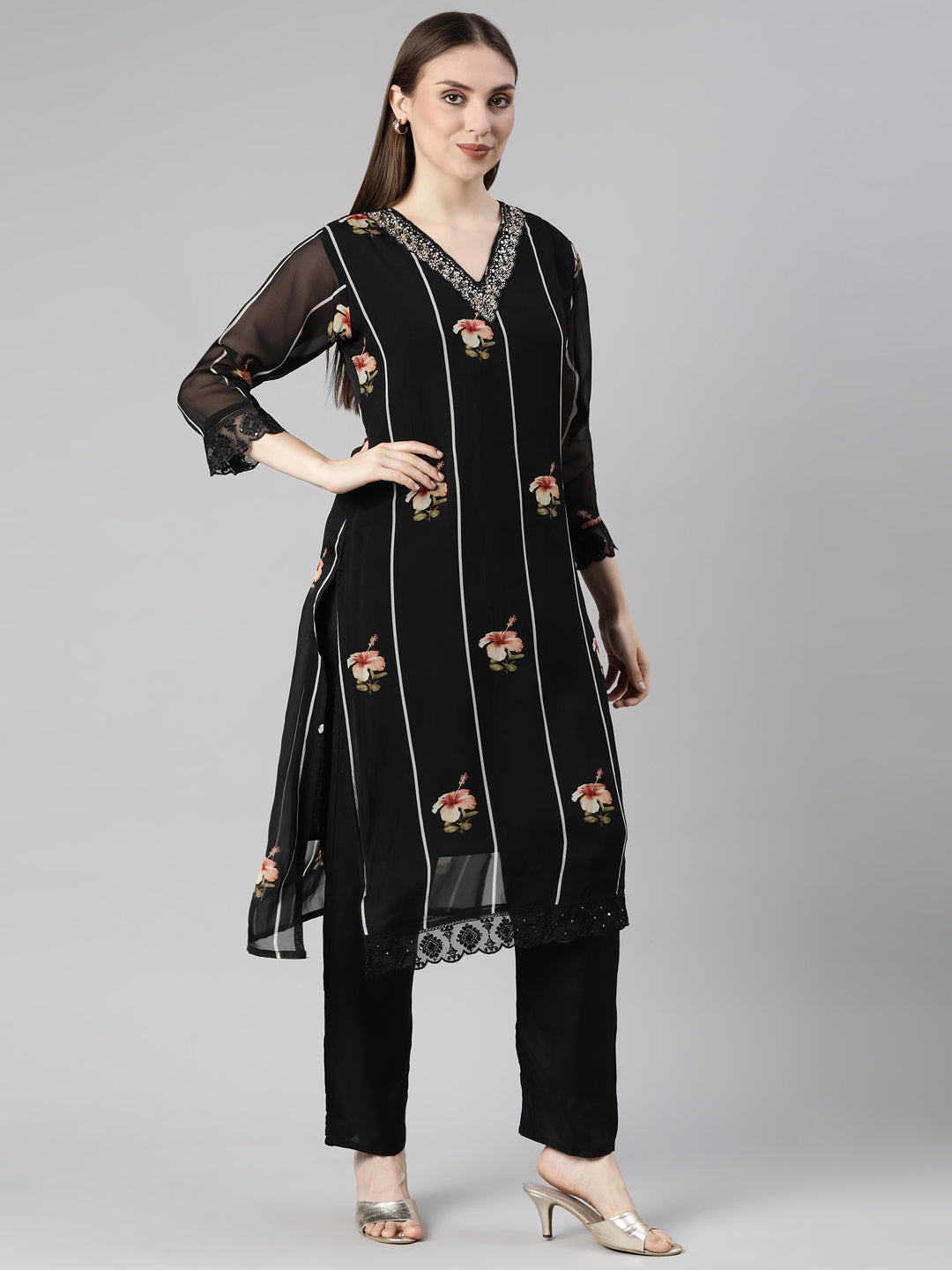 Neerus Black Printed Floral Straight Suit Set - back view