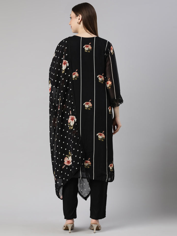 Neerus Black Printed Floral Straight Suit Set - side view