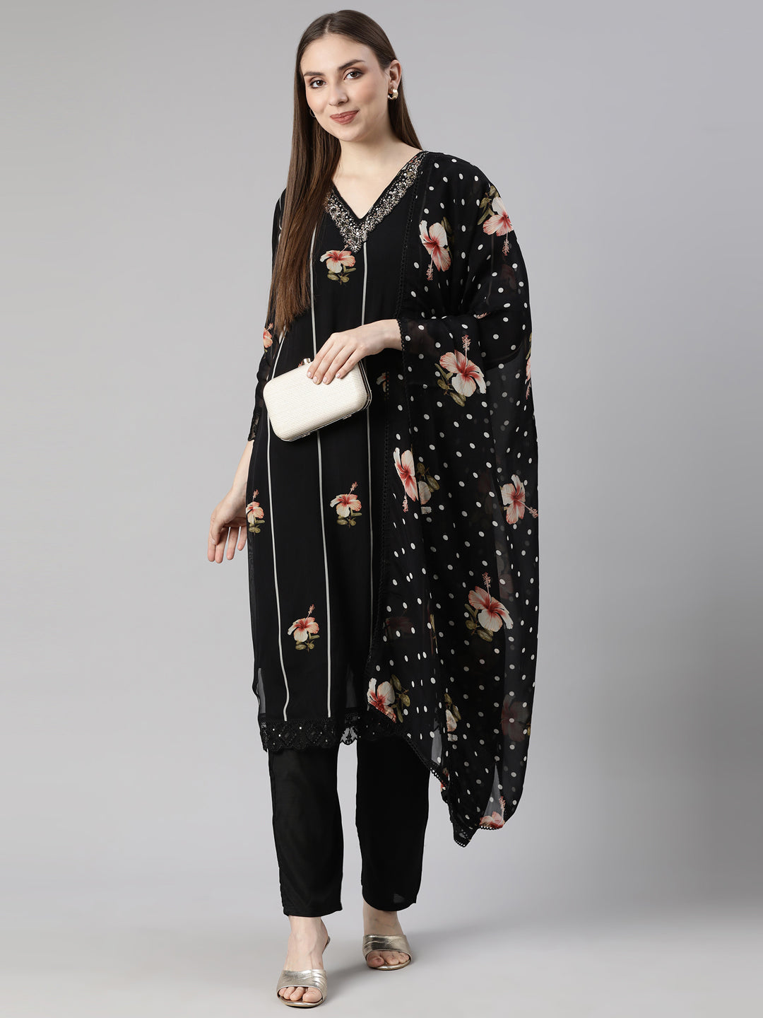 Neerus Black Printed Floral Straight Suit Set - detail view 1