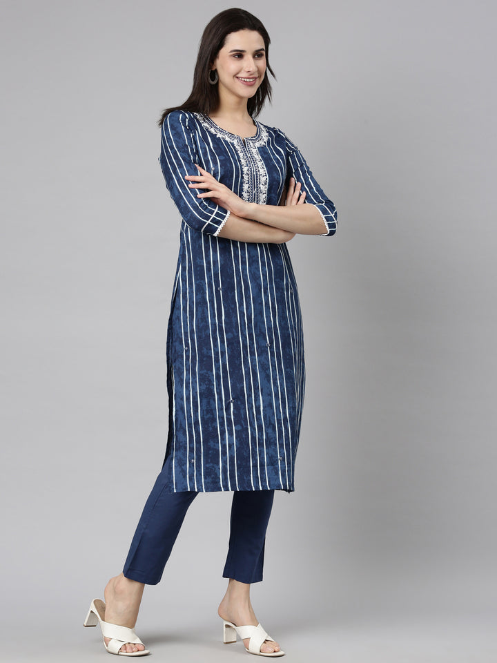 Neerus Navy Blue Regular Straight Striped Kurta And  Trousers With Dupatta