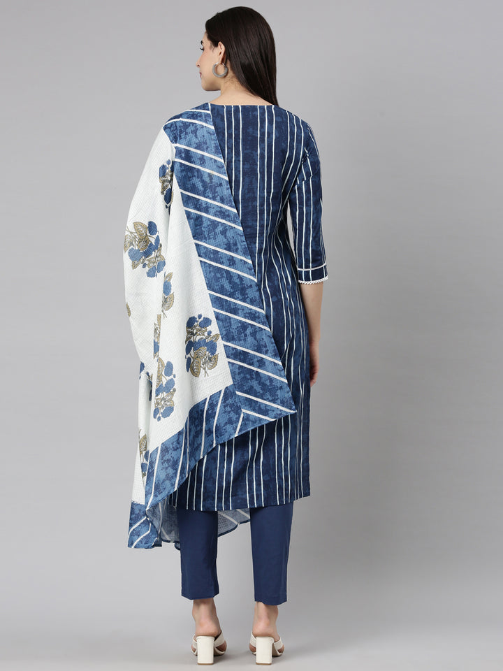 Neerus Navy Blue Regular Straight Striped Kurta And  Trousers With Dupatta