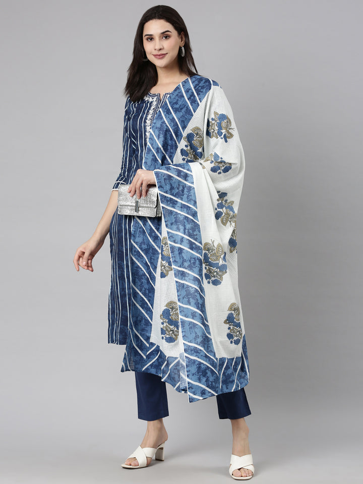 Neerus Navy Blue Regular Straight Striped Kurta And  Trousers With Dupatta