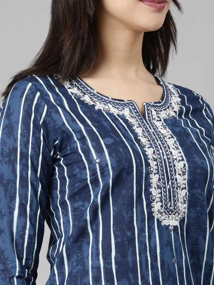Neerus Navy Blue Regular Straight Striped Kurta And  Trousers With Dupatta