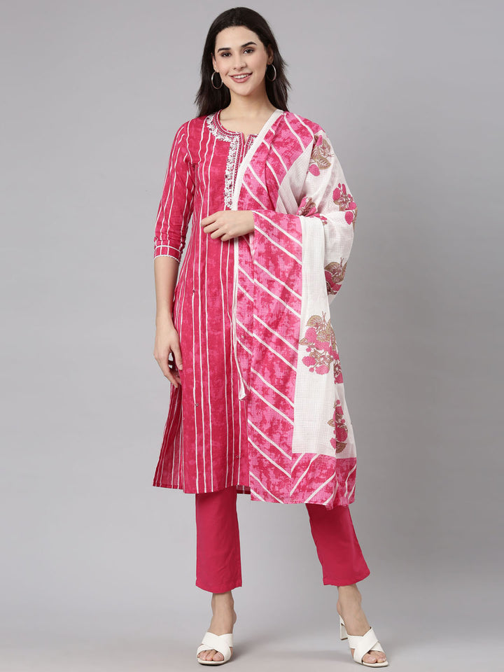 Neerus Pink printed striped suit set straight kurta with trouser and dupatta - front view