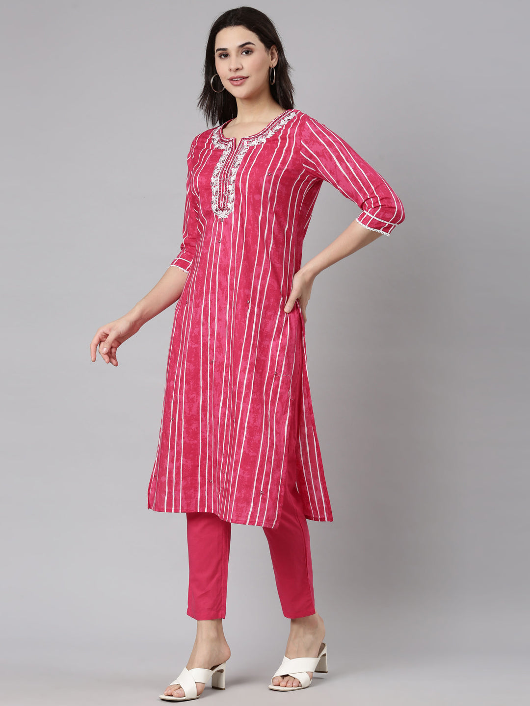 Neerus Pink printed striped suit set straight kurta with trouser and dupatta - back view