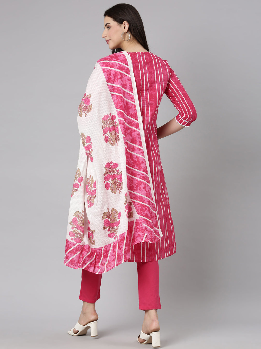Neerus Pink printed striped suit set straight kurta with trouser and dupatta - side view