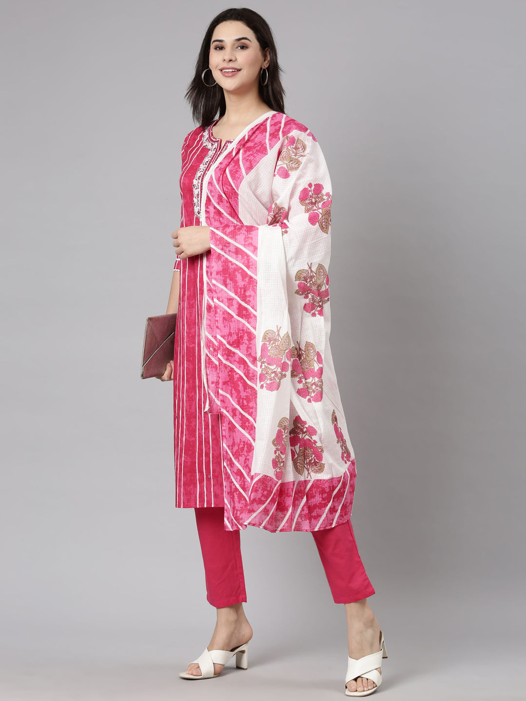Neerus Pink printed striped suit set straight kurta with trouser and dupatta - detail view 1