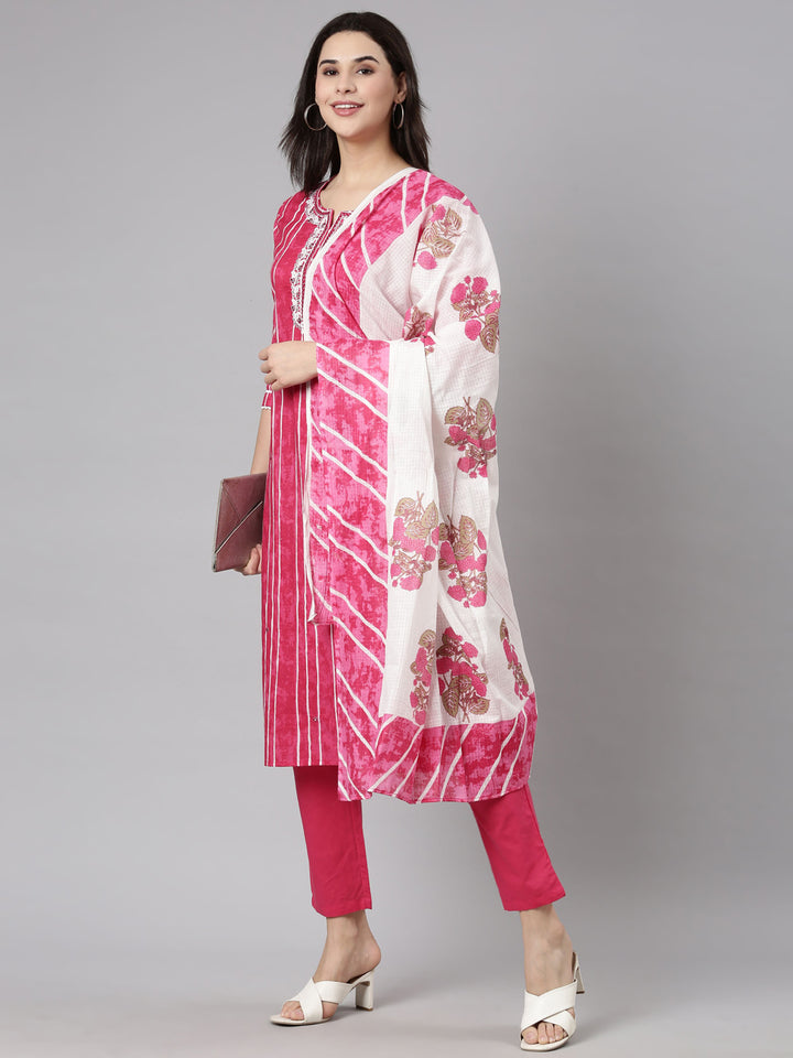 Neerus Pink printed striped suit set straight kurta with trouser and dupatta - detail view 1