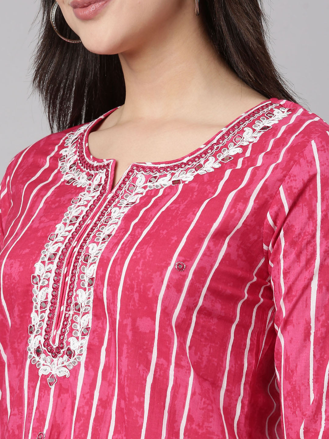 Neerus Pink printed striped suit set straight kurta with trouser and dupatta - detail view 4