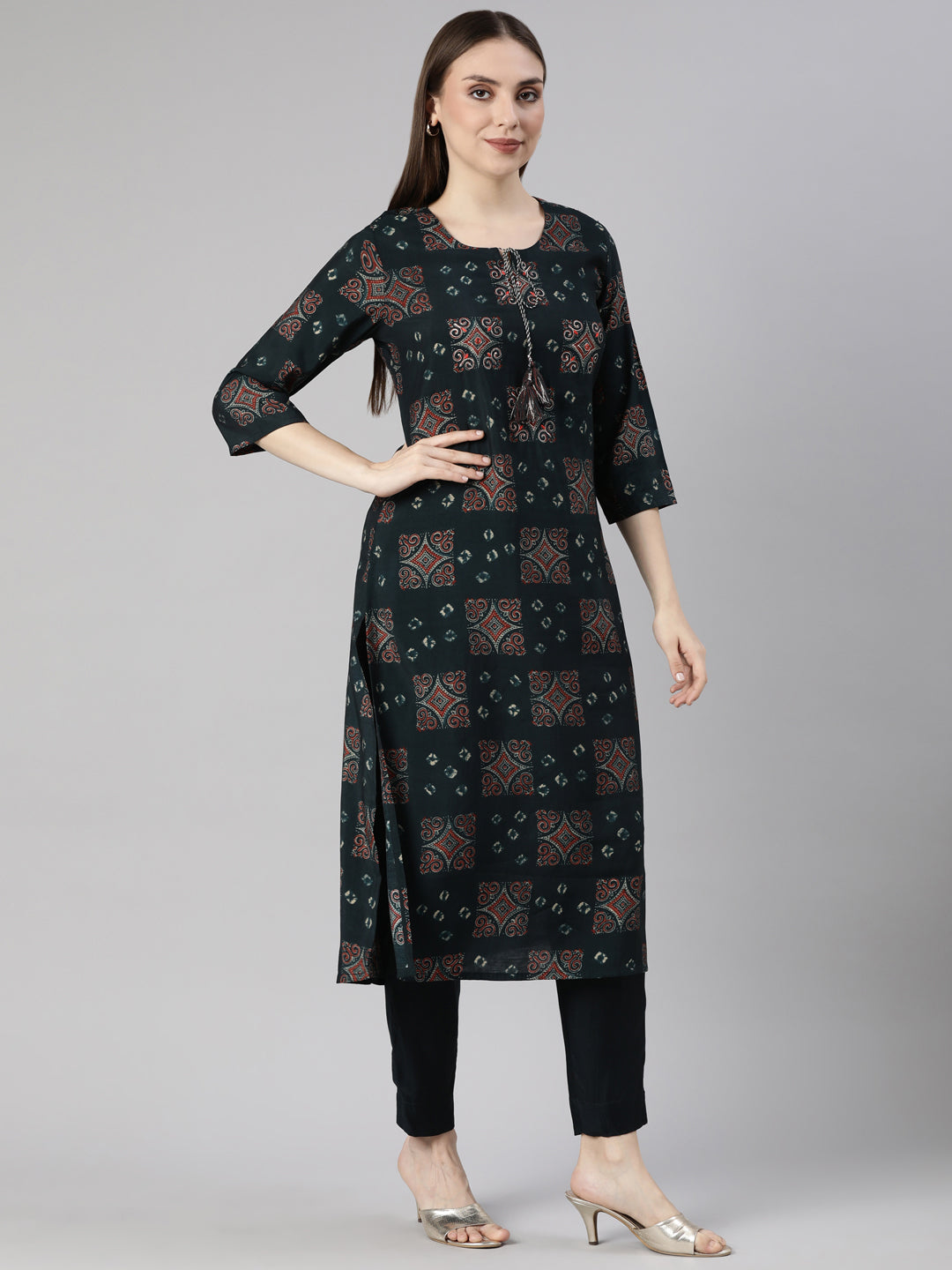 Neerus Blue Regular Straight Geometric Kurta And  Trousers With Dupatta