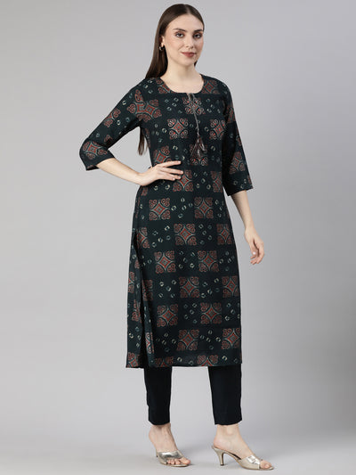 Neerus Blue Regular Straight Geometric Kurta And  Trousers With Dupatta