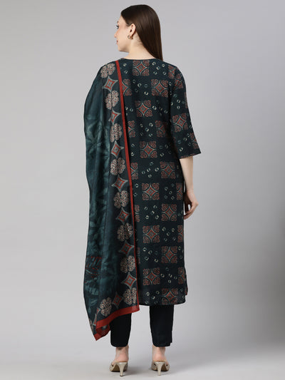 Neerus Blue Regular Straight Geometric Kurta And  Trousers With Dupatta