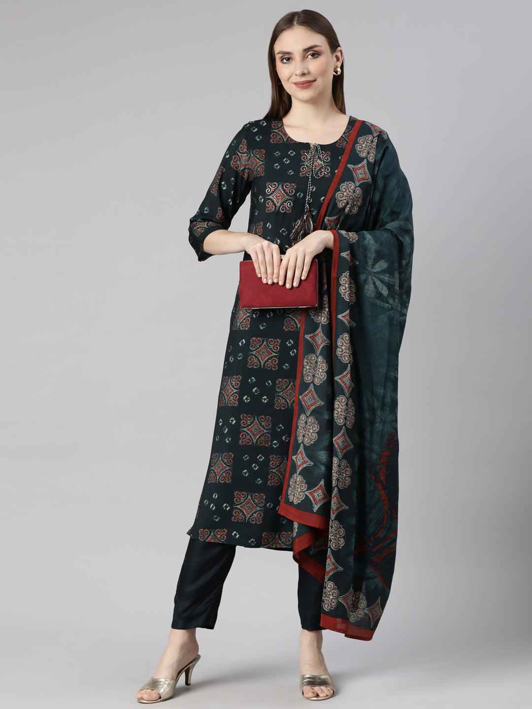 Neerus Blue Regular Straight Geometric Kurta And  Trousers With Dupatta