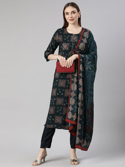 Neerus Blue Regular Straight Geometric Kurta And  Trousers With Dupatta