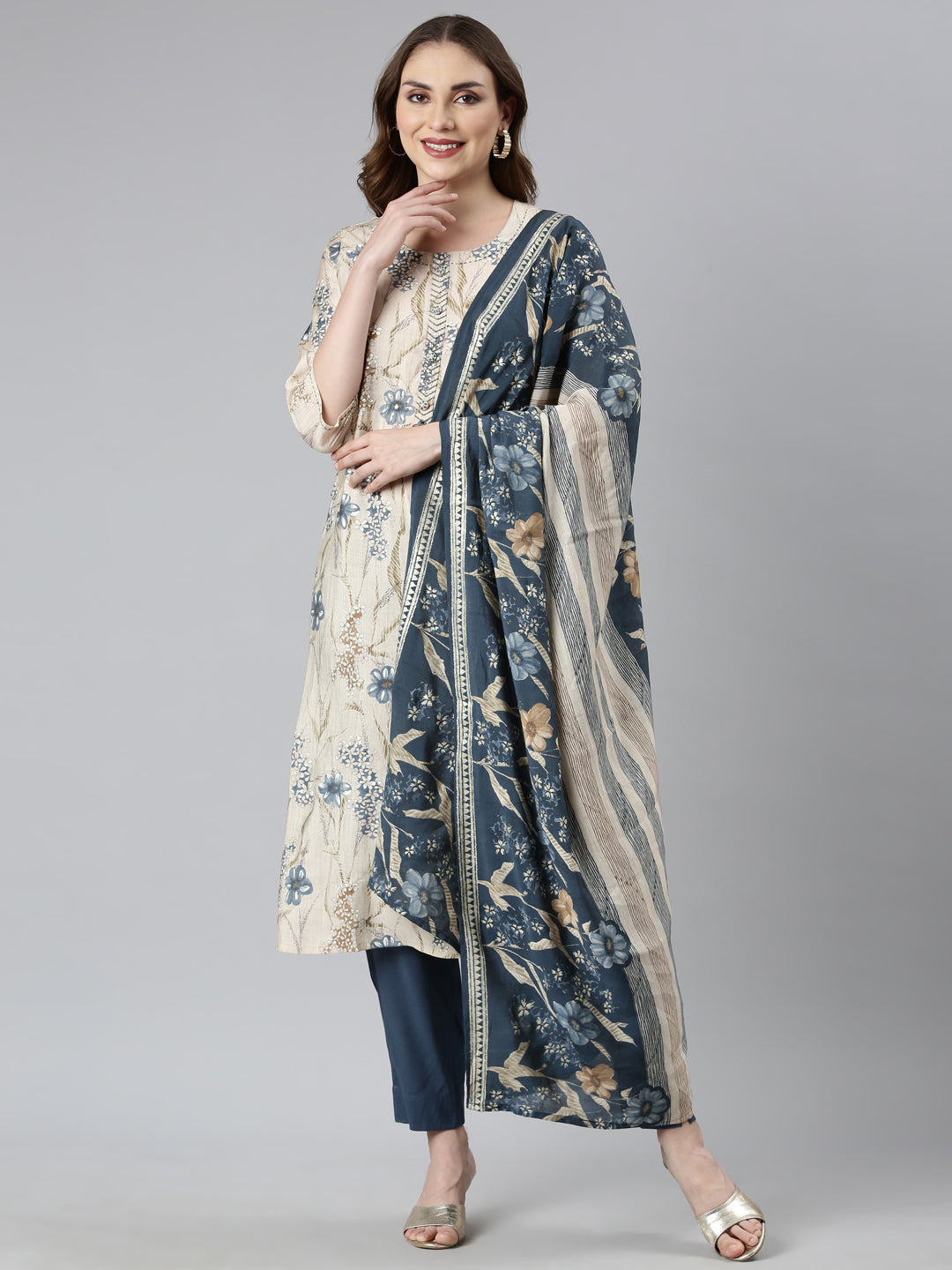 Neerus Blue printed floral suit set straight kurta with trouser and dupatta - front view
