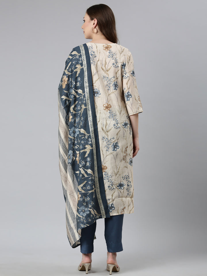 Neerus Blue printed floral suit set straight kurta with trouser and dupatta - side view