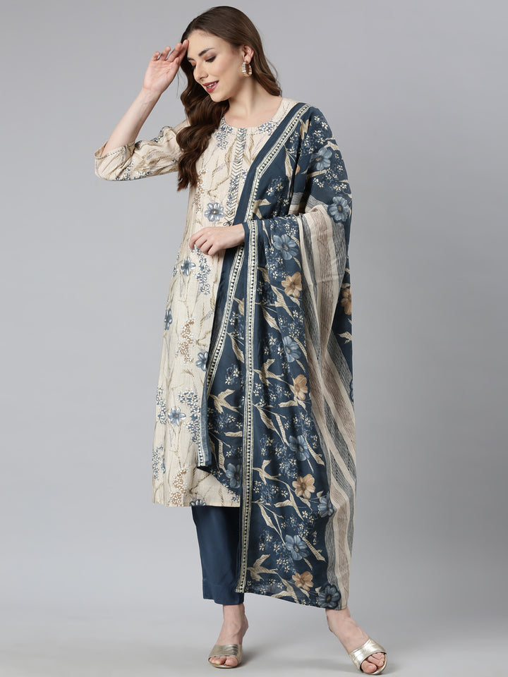 Neerus Blue printed floral suit set straight kurta with trouser and dupatta - detail view 1