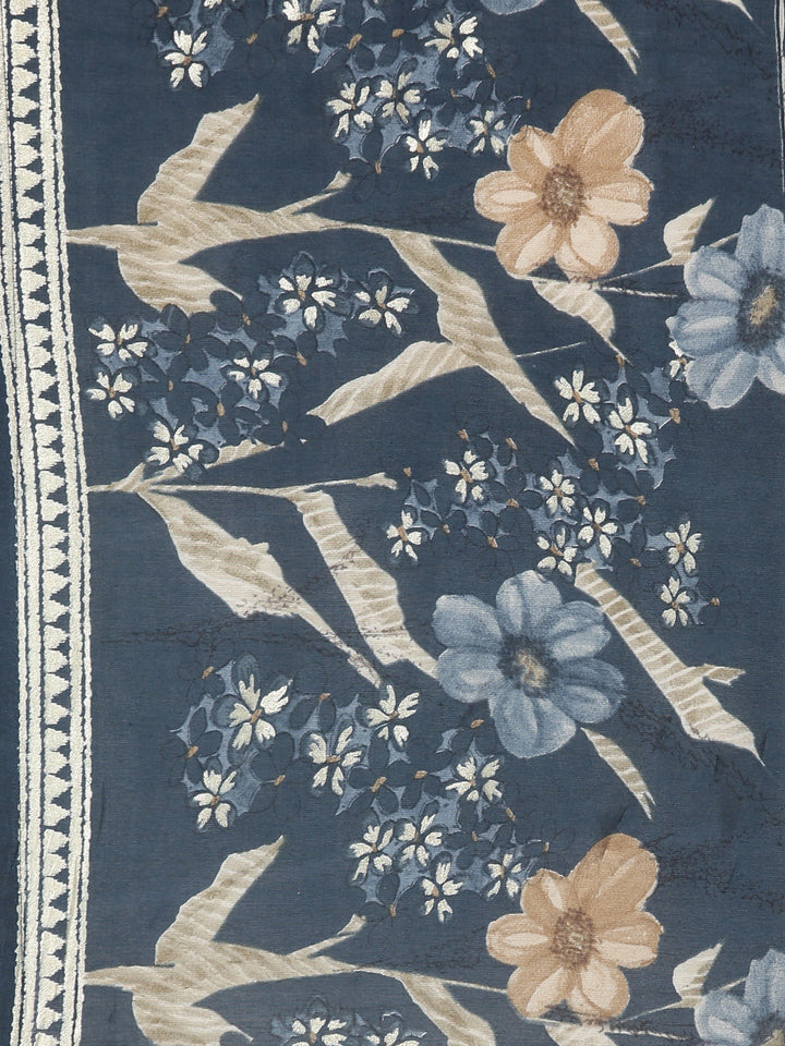 Neerus Blue printed floral suit set straight kurta with trouser and dupatta - detail view 3