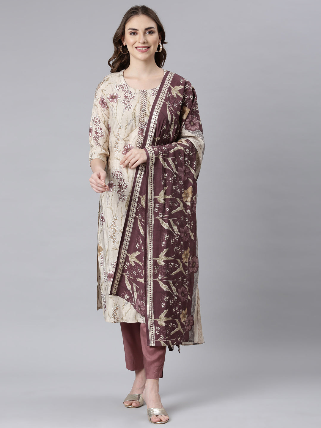 Neerus Purple floral printed straight suit set - front view