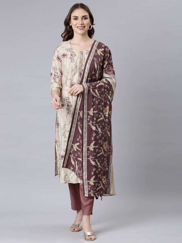 Neerus Purple floral printed straight suit set - front view