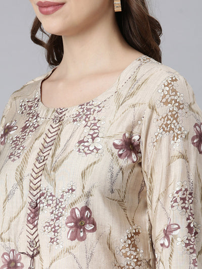 Neerus Lavender Panelled Straight Floral Kurta And Trousers With Dupatta