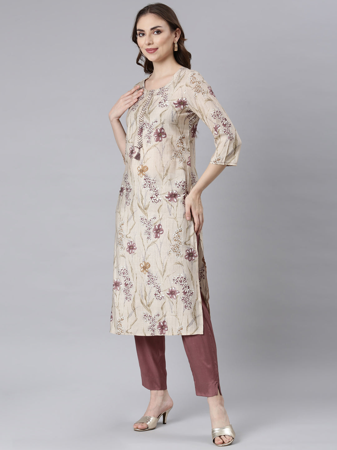 Neerus Purple floral printed straight suit set - side view