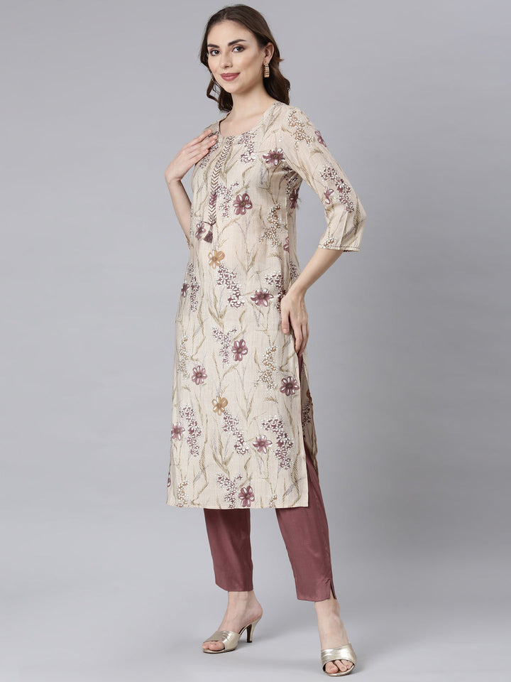 Neerus Purple floral printed straight suit set - side view