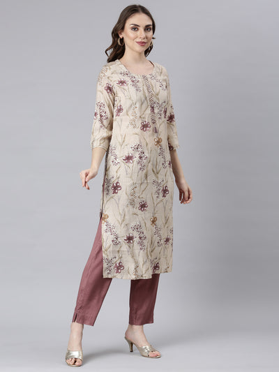 Neerus Lavender Panelled Straight Floral Kurta And Trousers With Dupatta