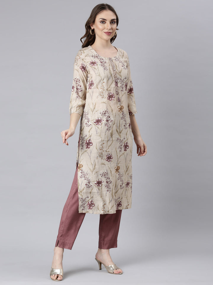 Neerus Purple floral printed straight suit set - detail view 1