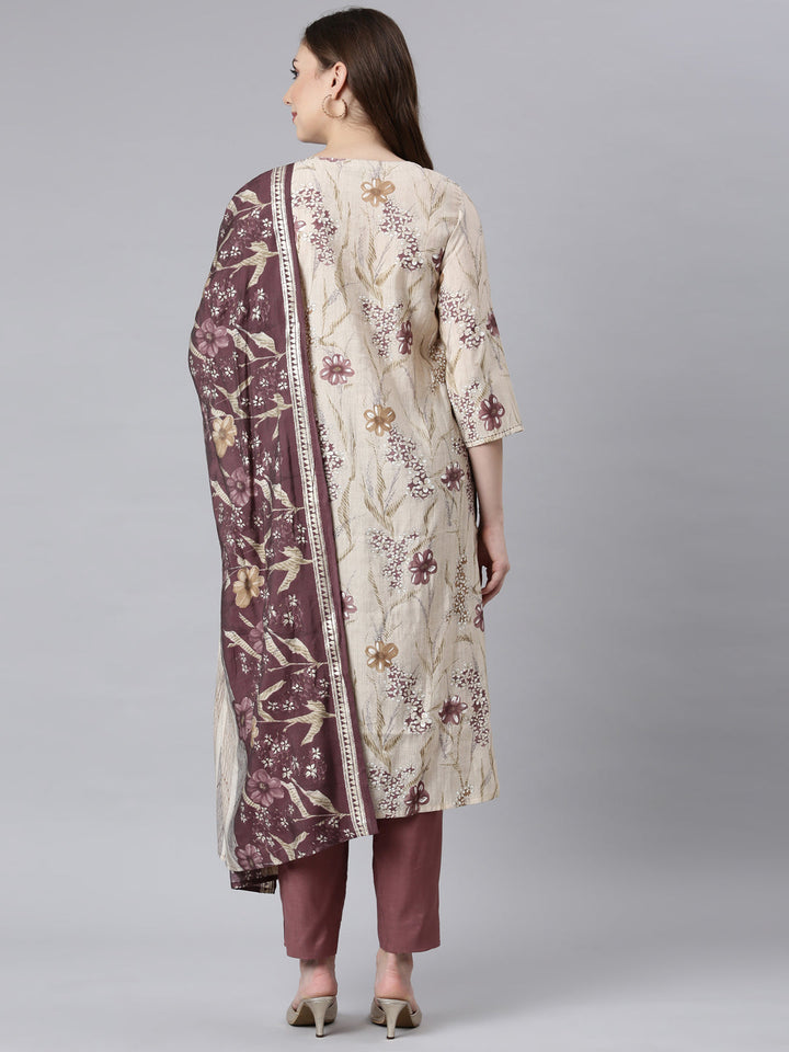 Neerus Purple floral printed straight suit set - detail view 2