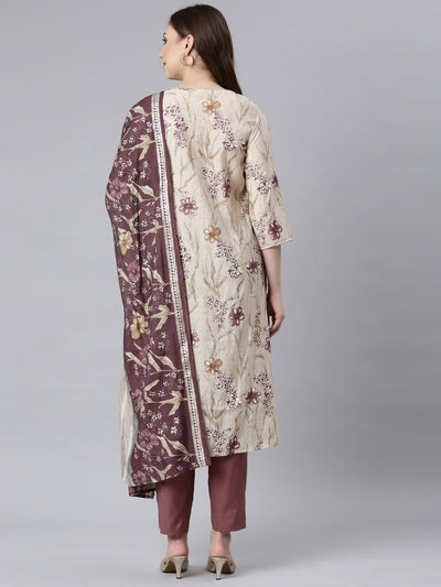 Neerus Lavender Panelled Straight Floral Kurta And Trousers With Dupatta