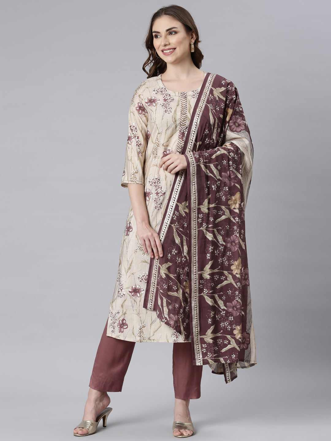 Neerus Lavender Panelled Straight Floral Kurta And Trousers With Dupatta
