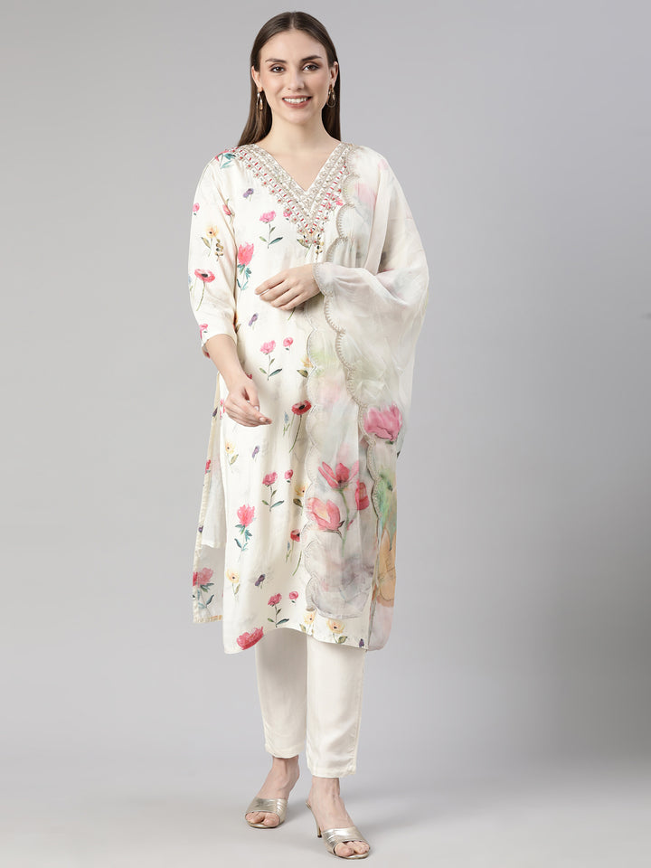 Neerus White printed floral suit set straight kurta with trouser and dupatta - front view